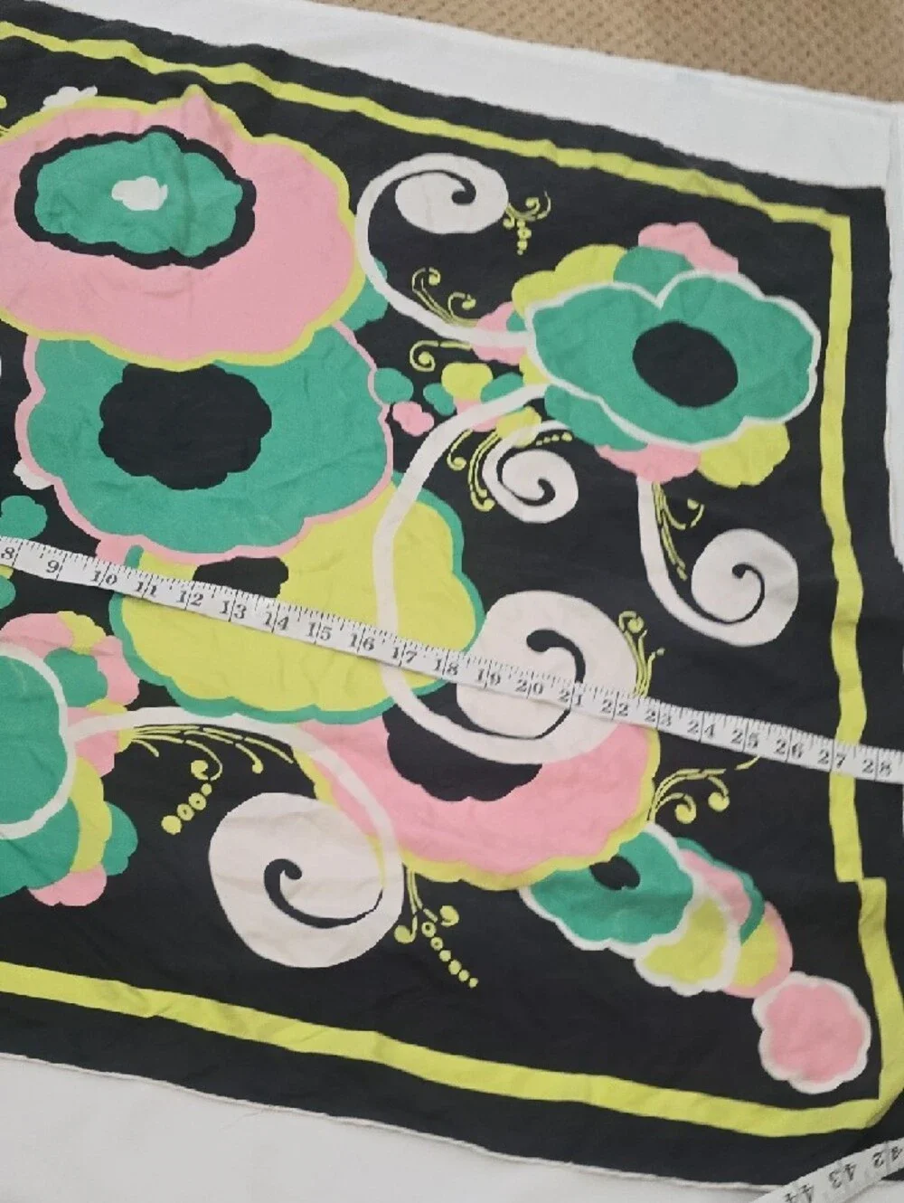 Black Floral‎ Print Silk Scarf — Pink, Green & Yellow